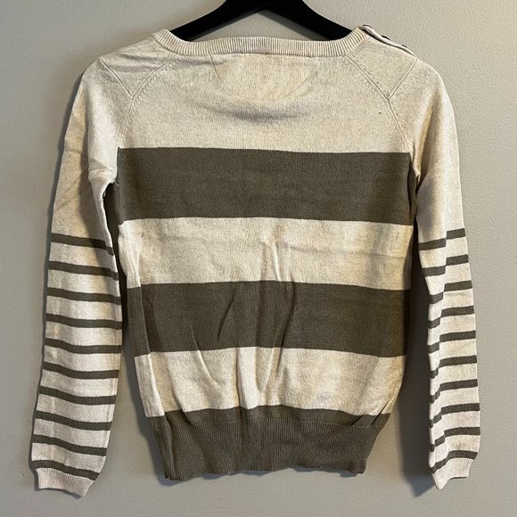Wilfred Free Cotton Wool Sweater w/ Olive Green Stripes & Shoulder Buttons - Picture 3 of 13